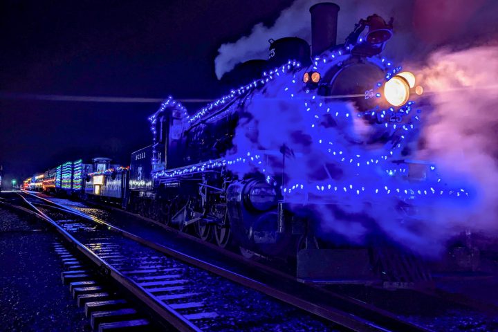 a train on the tracks at night