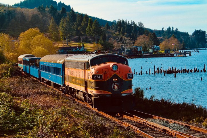 Orange and blue train on tracks beside a lake with trees and houses in the background.