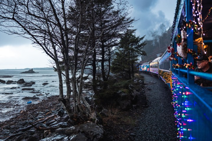 Train adorned with lights traveling along a rocky shoreline with trees.