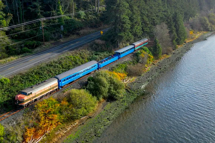 Aerial view of a train by a river, surrounded by trees and a road on the left.