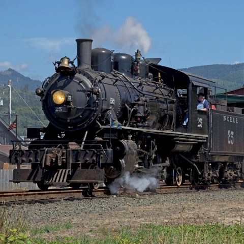 a steam engine is sitting on a train track