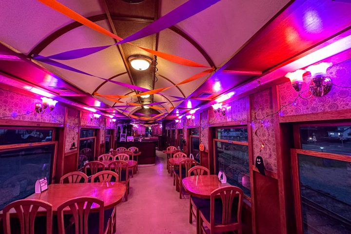 a store front at night