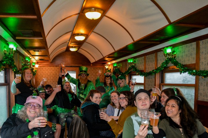 Group of people celebrating in a decorated train car, wearing green clothes and holding drinks.