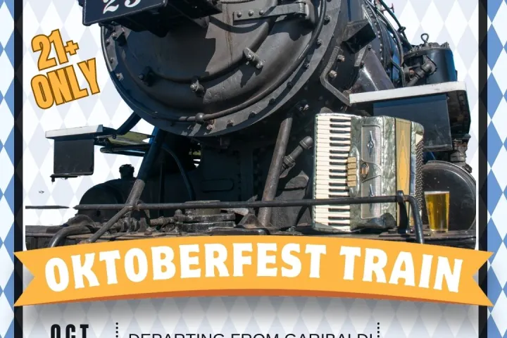 Oktoberfest Train poster with train image, date, location, and event details with live music.