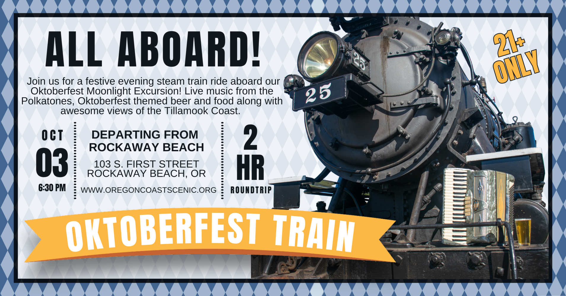 Oktoberfest train event poster with train image and details.