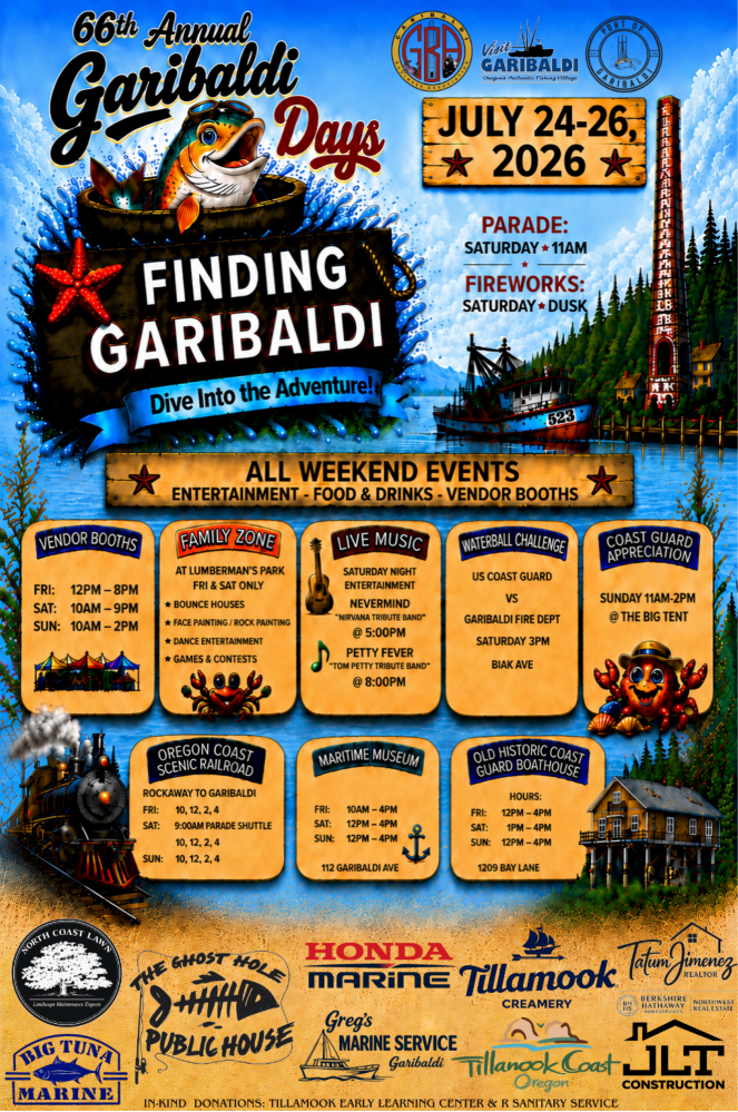 Colorful festival poster with fish, event details, and sponsor logos for 'Finding Garibaldi' on July 24-26, 2026.