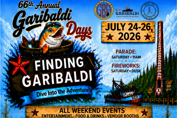 Colorful poster for 66th Annual Garibaldi Days, July 24-26, 2026, with fish, boat, and event details.