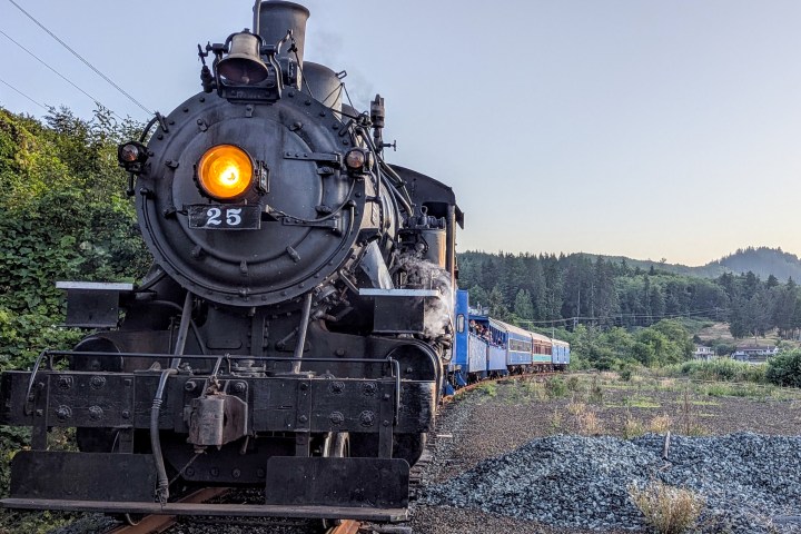 Steam locomotive on tracks with countryside background.