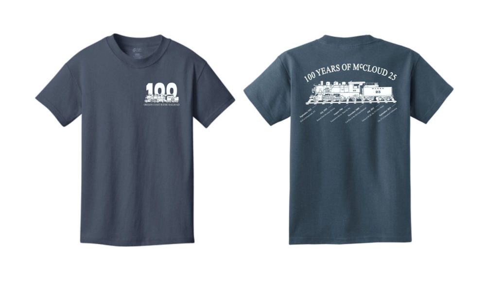 Two navy T-shirts with white text and a train illustration on the back.