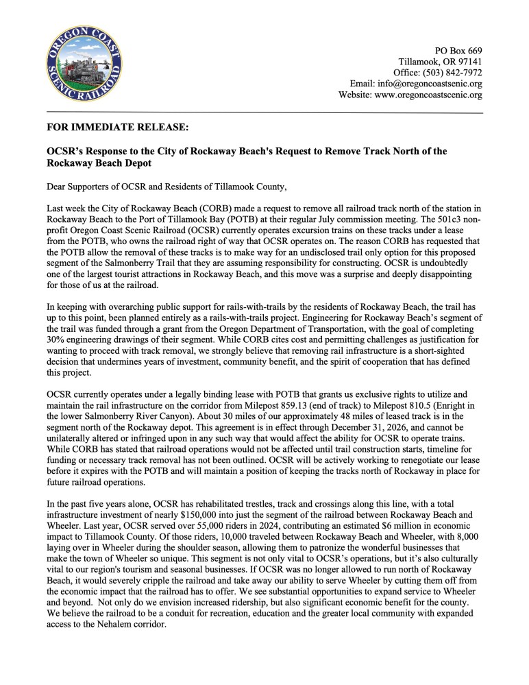 A letter from Oregon Coast Scenic Railroad addressing track removal near Rockaway Beach, detailing community impact.