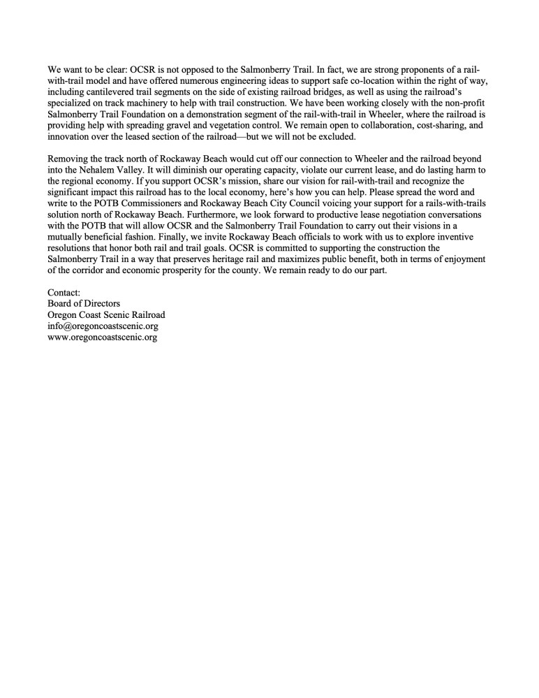 Open letter from OCSR about supporting rail-with-trail, economic impact, and collaboration on Salmonberry Trail project.