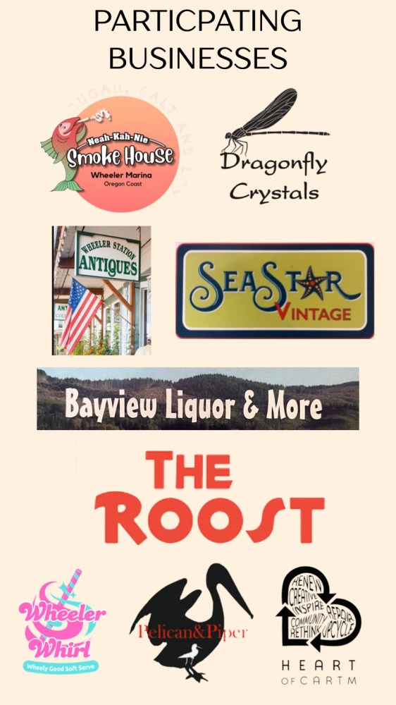 Logos and signs of participating businesses including Neah-Kah-Nie Smoke House, Dragonfly Crystals, and more.